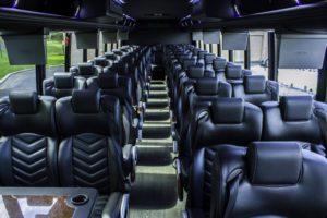 A large bus with many seats in it