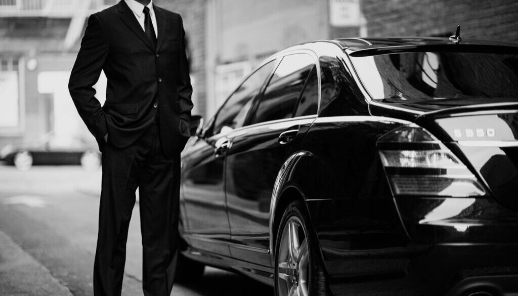 A man in a suit standing next to a car.