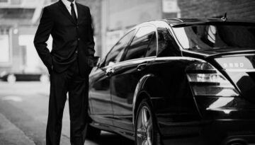 A man in a suit standing next to a car.