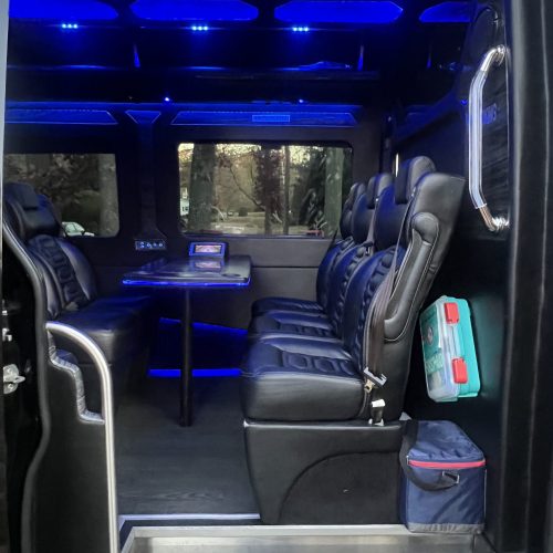 Blue-lit luxury van interior with leather seats and entry grab bar.
